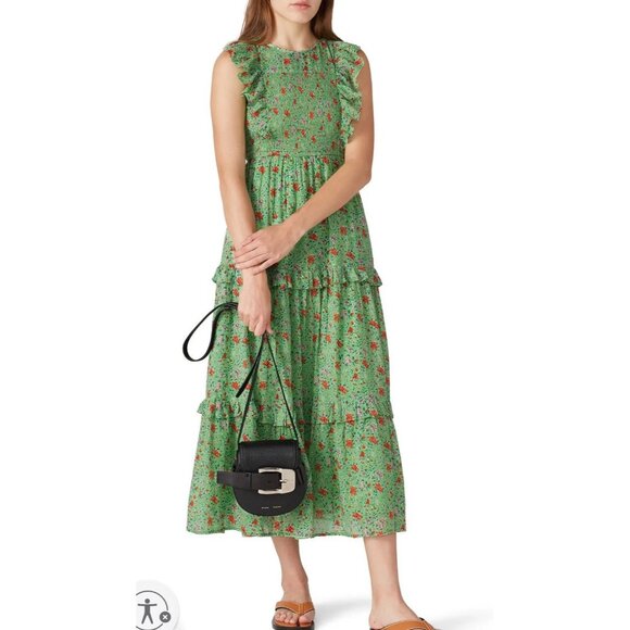 Banjanan Iris Ruffle Floral Midi Dress Women Medium Green Prairie Peasant Boho - Picture 1 of 12